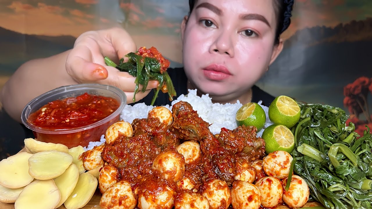 Sambal telur puyuh ati ayam pedas mercon,jengkol muda rebusan kangkung sambal terasi Mukbang