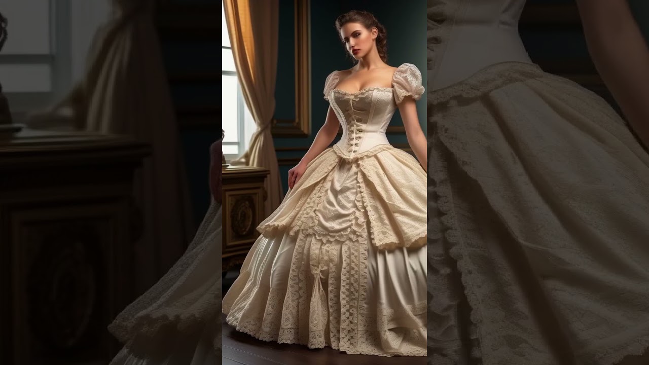 Victorian era American women s bustle dress with lace