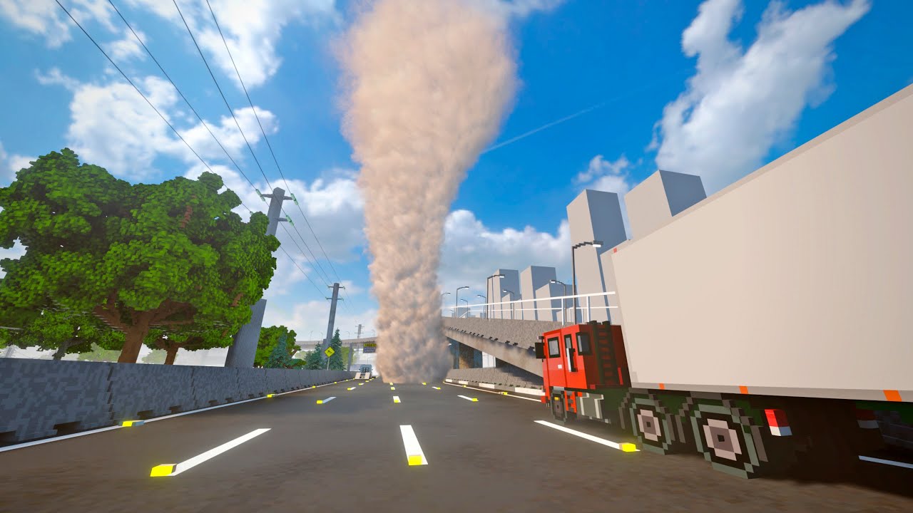 Realistic tornado in the city destroys bridges and cars Teardown