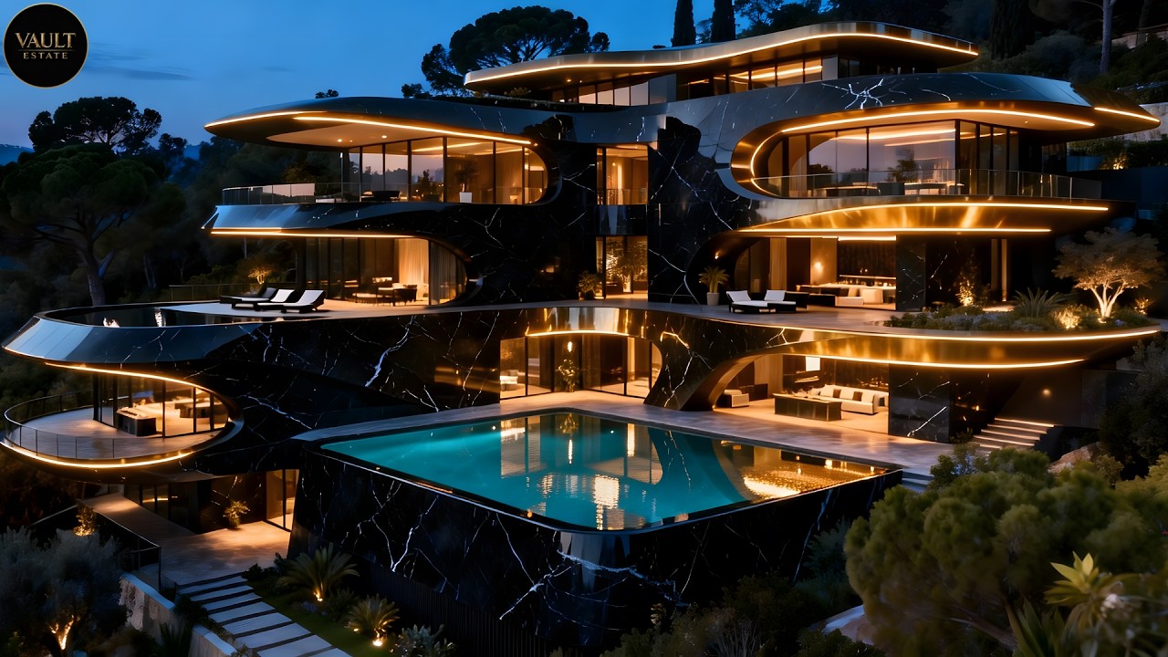 Ultra Modern Black Marble Luxury Mansion with Infinity Pool for Elite Living