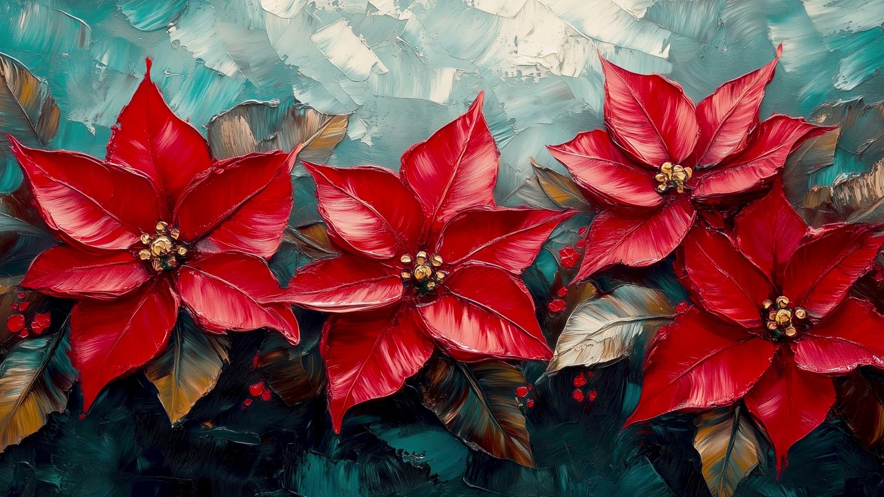 Poinsettia Flowers TV Art | 4K Christmas TV Screensaver | Impasto Painting for TV Screen