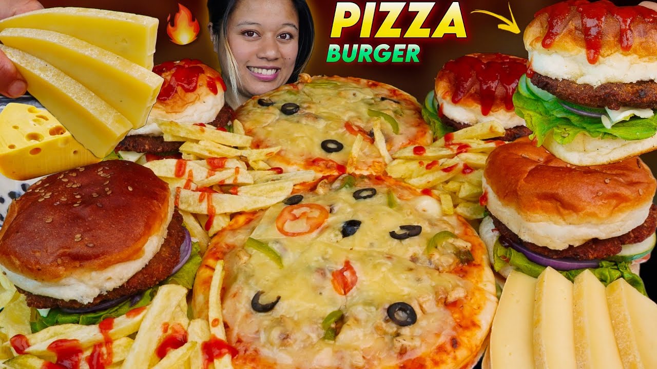 Eating Cheese Slices, Cheesy Chicken Pizza and juicy Burger with fries | pizza, burger Mukbang ASMR