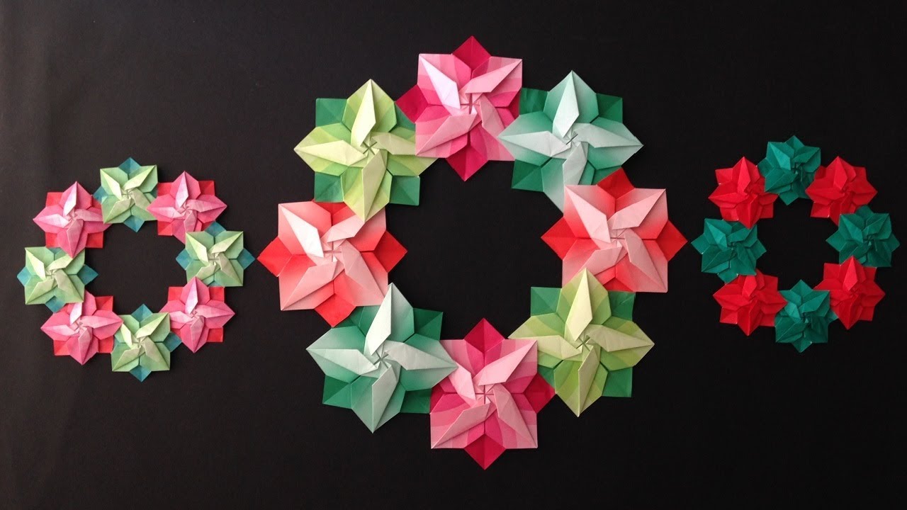 折り紙 クリスマスリース  ポインセチアの折り方 Origami Christmas wreath Poinsettia tutorial（niceno1）