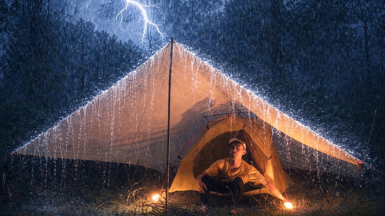 CAMPING IN THE RAIN ⛈️RELAXING CAMPING IN HEAVY RAIN AND THUNDER LIGHTING, HEAVY RAIN AT NIGHT