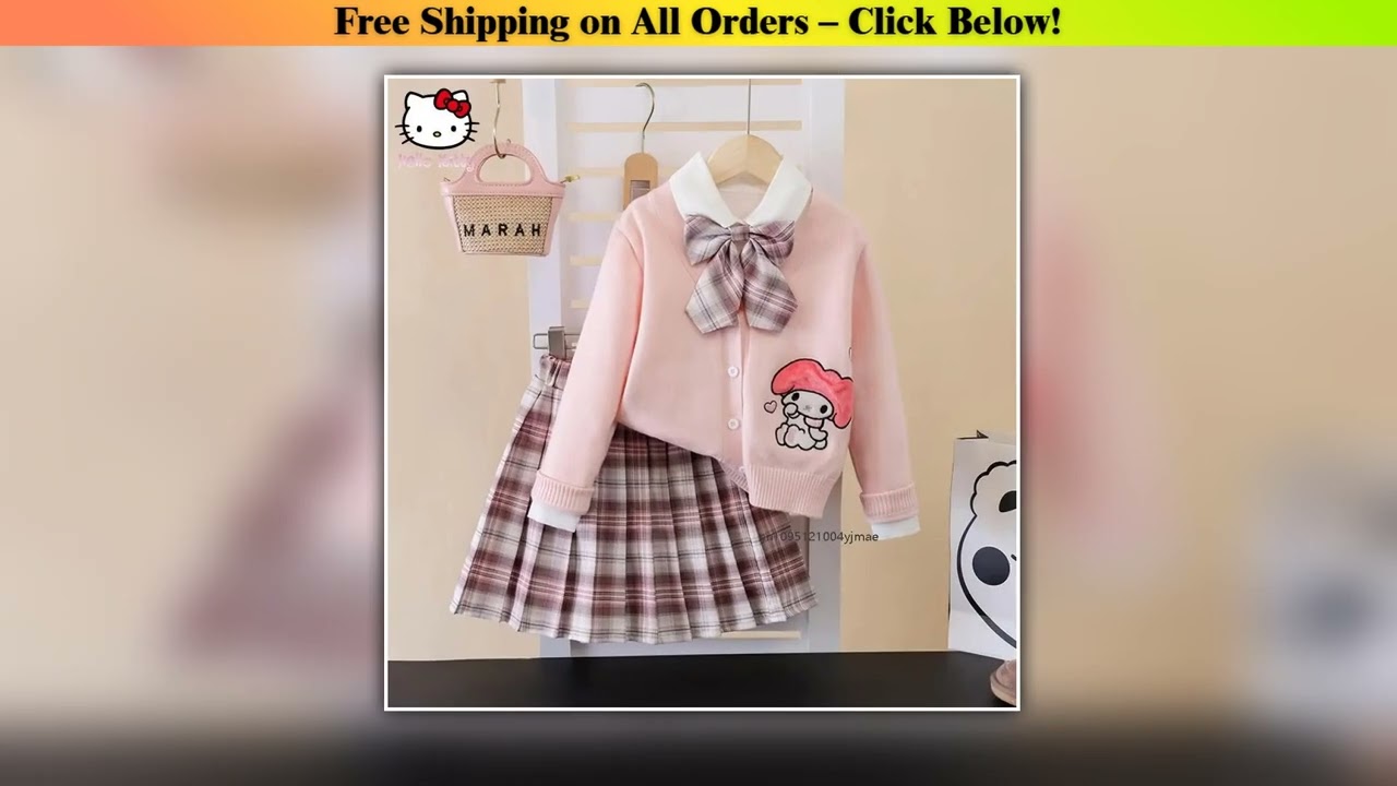 3Pcs Children Jk Plaid Skirt Set Kuromi Melody Anime Sanrios Cinnamoroll Cardigan Pleated Skirt