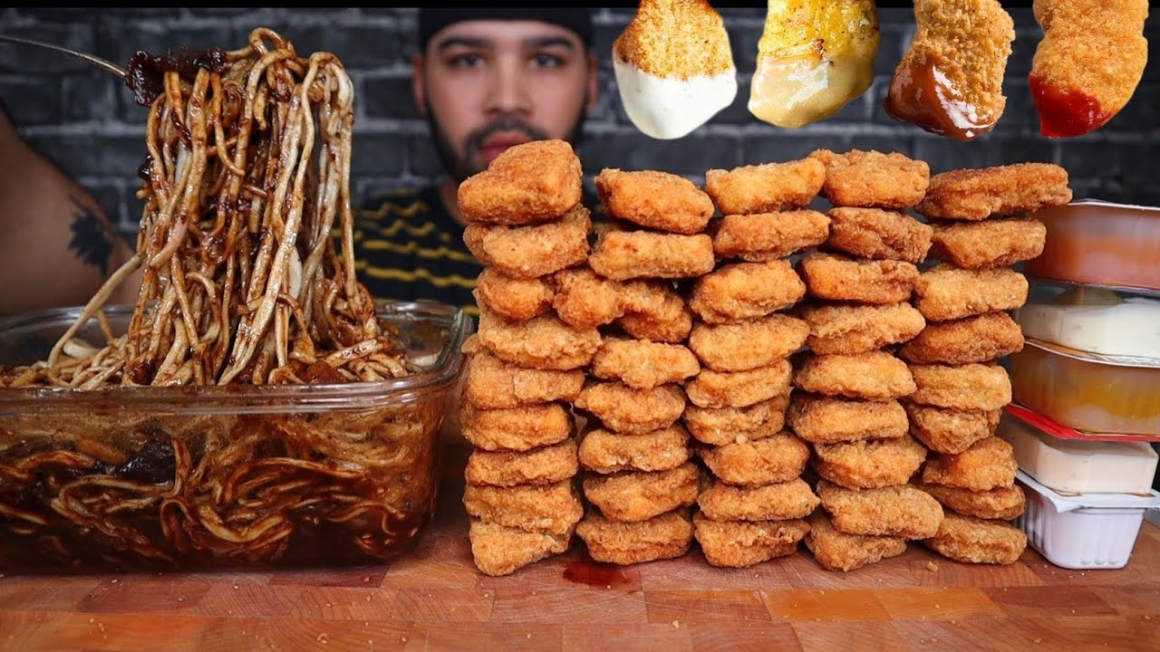 ASMR BLACK BEAN NOODLES AND CHICKEN NUGGETS MUKBANG