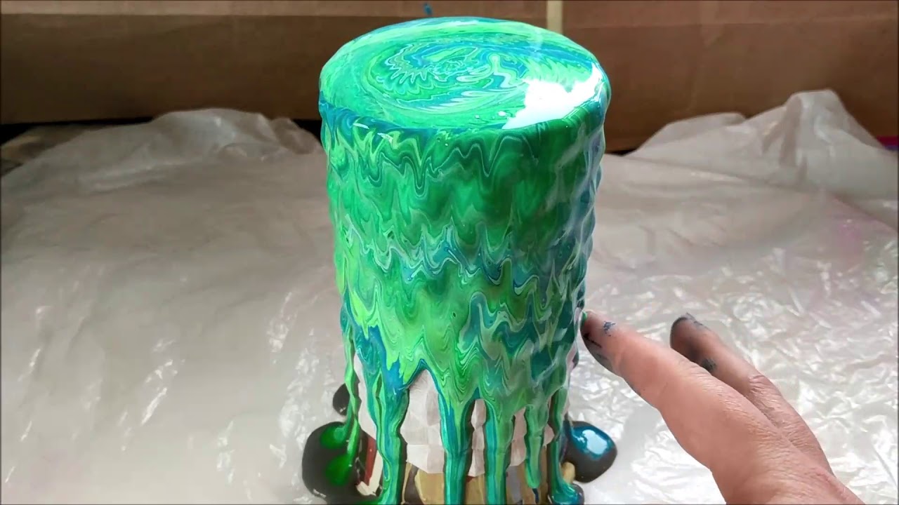 3D Printed Geometric Green and Blue Acrylic Paint Pour - Paint Pour on a Vase