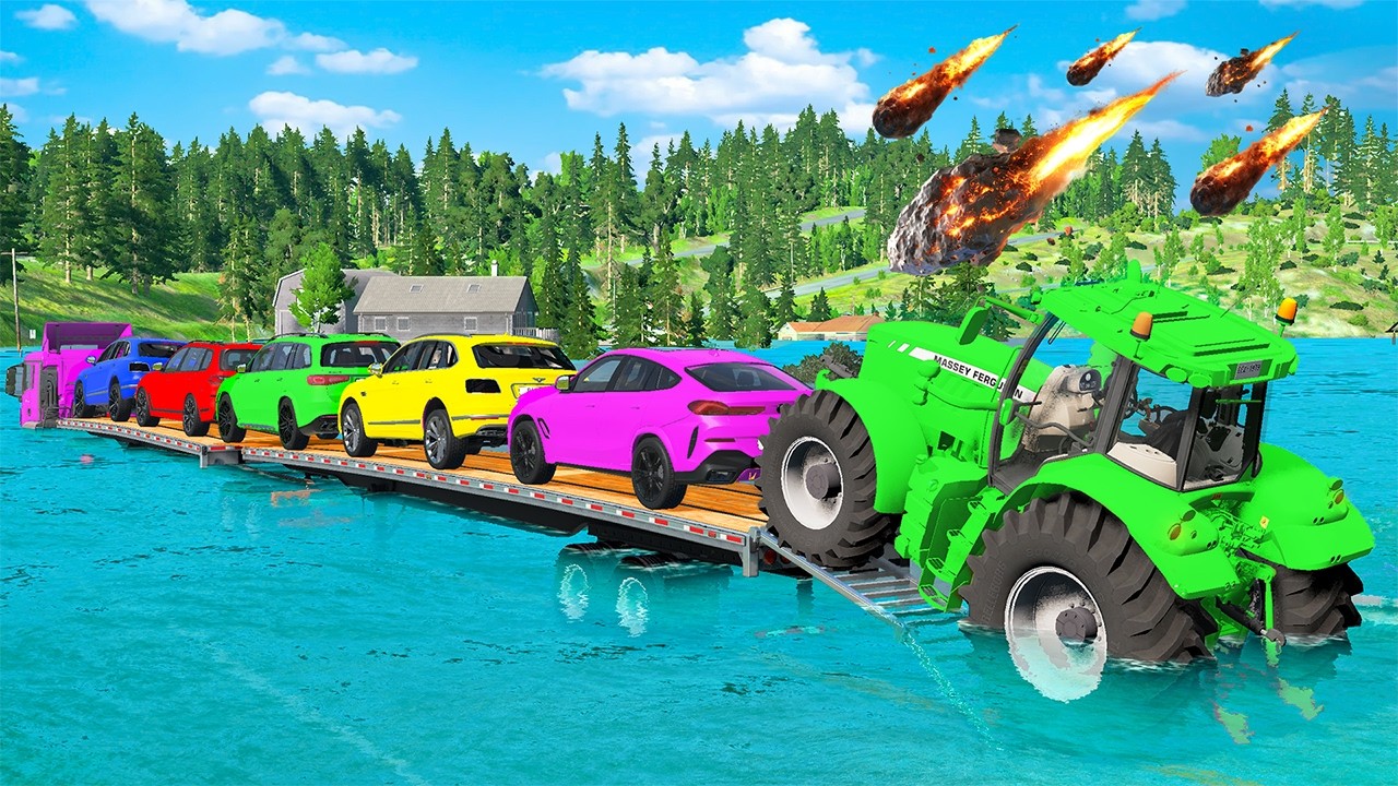 Triple Flatbed Trailer McQueen Transportation with Truck - Speedbumps vs Cars Flooded - BeamNG #19