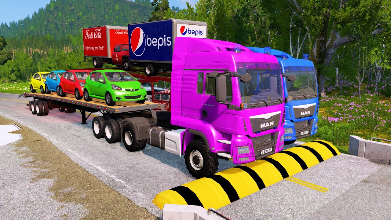 Double Flatbed Trailer Truck vs Speedbumps Train vs Cars Beamng.Drive 54