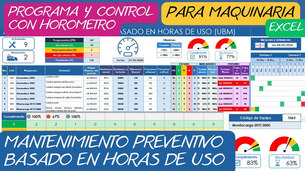 MANTENIMIENTO PREVENTIVO📆Basado en horas de uso en Excel✅para Maquinaria Pesada.