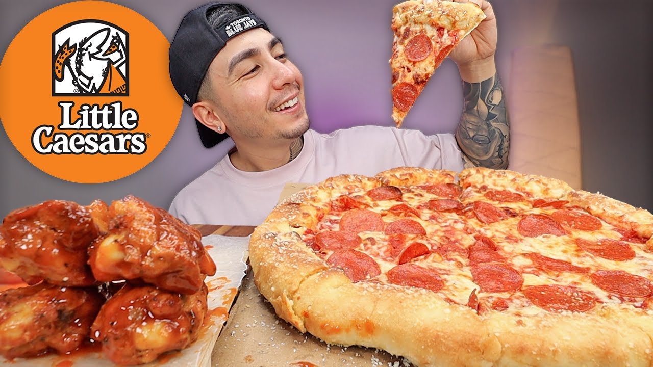 MUKBANG EATING Little Caesars Crazy Stuffed Crust Pepperoni Pizza And BBQ Wings