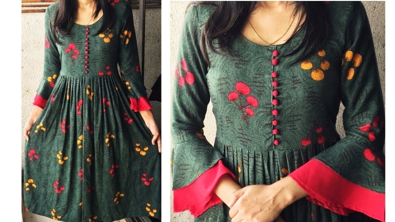 DIY Designer Kurti Cutting And Stitching With Bell Sleeves / Designer neckline Kurti tutorial