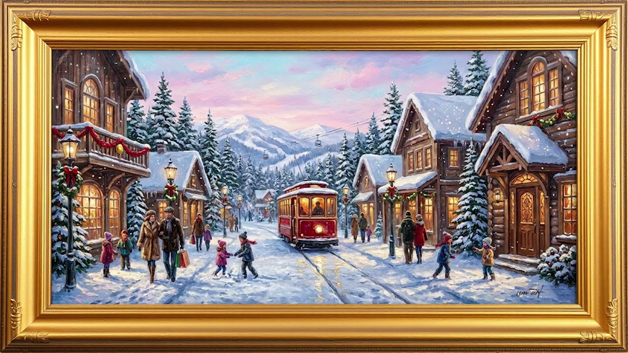 ✨Christmas Art Screensaver for TV | Elegant Vintage Gold Frame | Winter Ski Town Snowfall🏔️✨