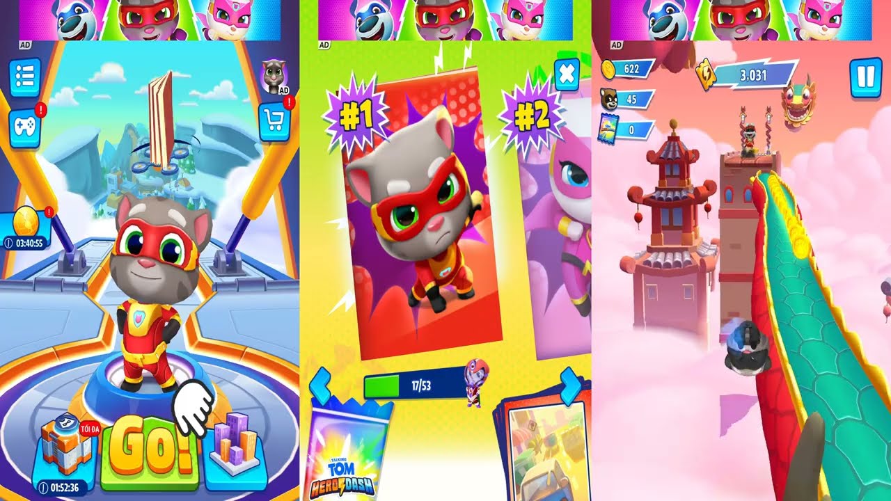 PLAY GAME! THREE 🎮🏃💨 Talking Tom Hero Dash– 4K Gameplay! Run, Fight & Save Friends from the Raccoons
