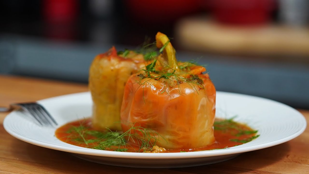 Фаршированный перец с рисом и шампиньонами | Фаршированный сладкий перец - постный рецепт