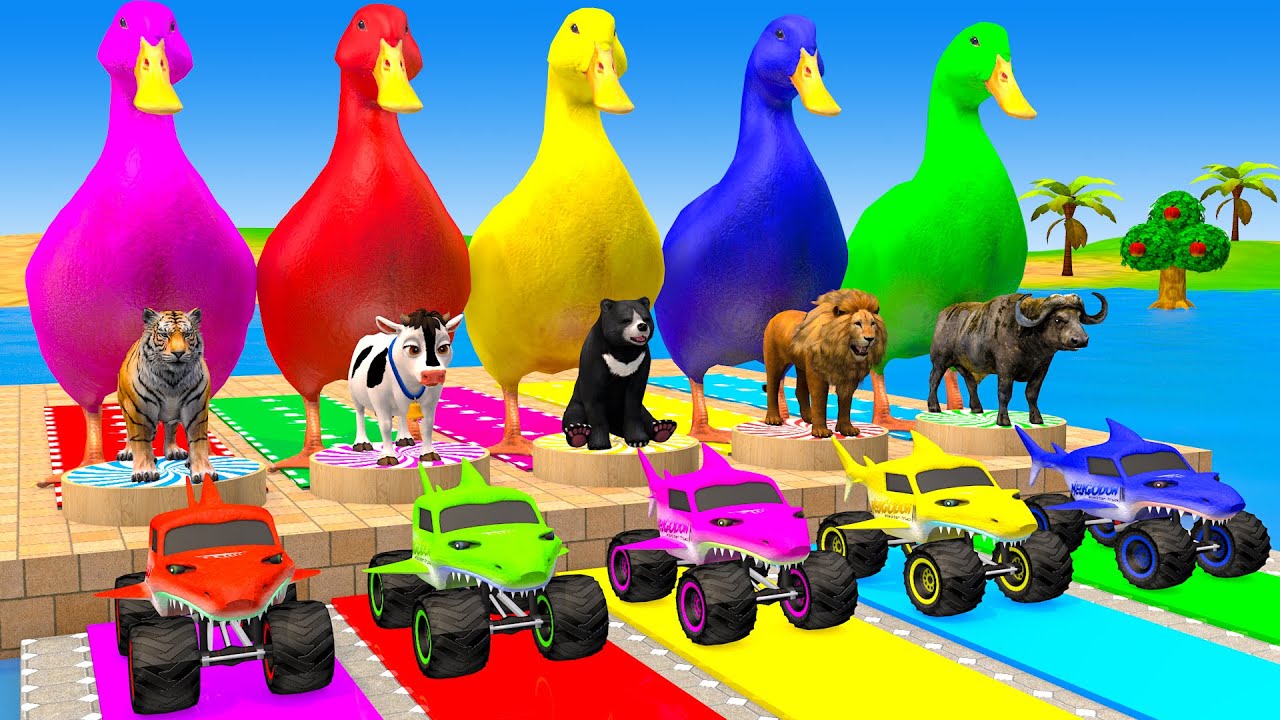 Long Slide Game With Cow Elephant Gorilla Hippopotamus Tiger - 3d Animal Game - Funny 3d Animals