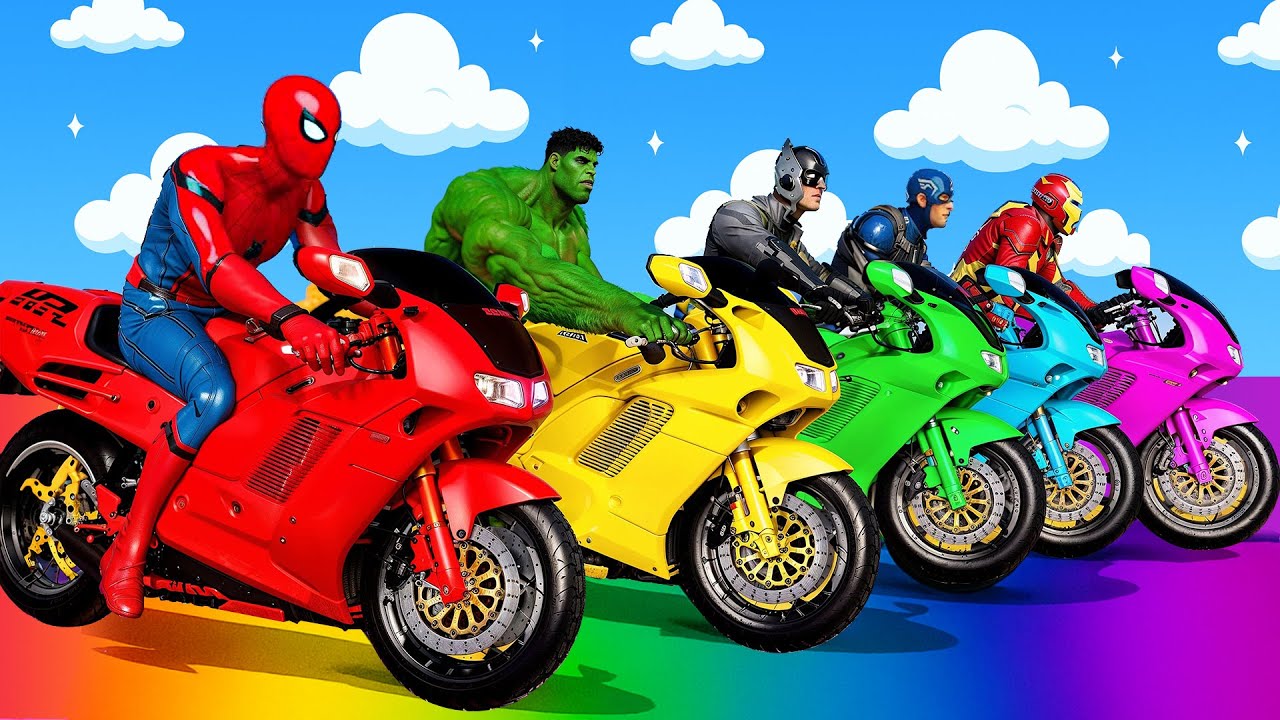 الأبطال الخارقين على القضبان دوامة قمع جسر 🕷️🏍️ RAINBOW SPIDER MAN! on Motorcycle in Spiral Bridge