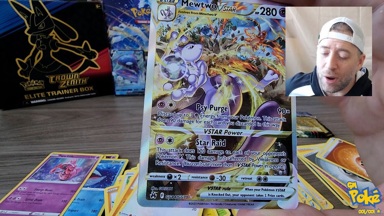 Pulling Mewtwo Vstar Gallery Card and Radiant Charizard from Crown Zenith Elite Trainer Box.