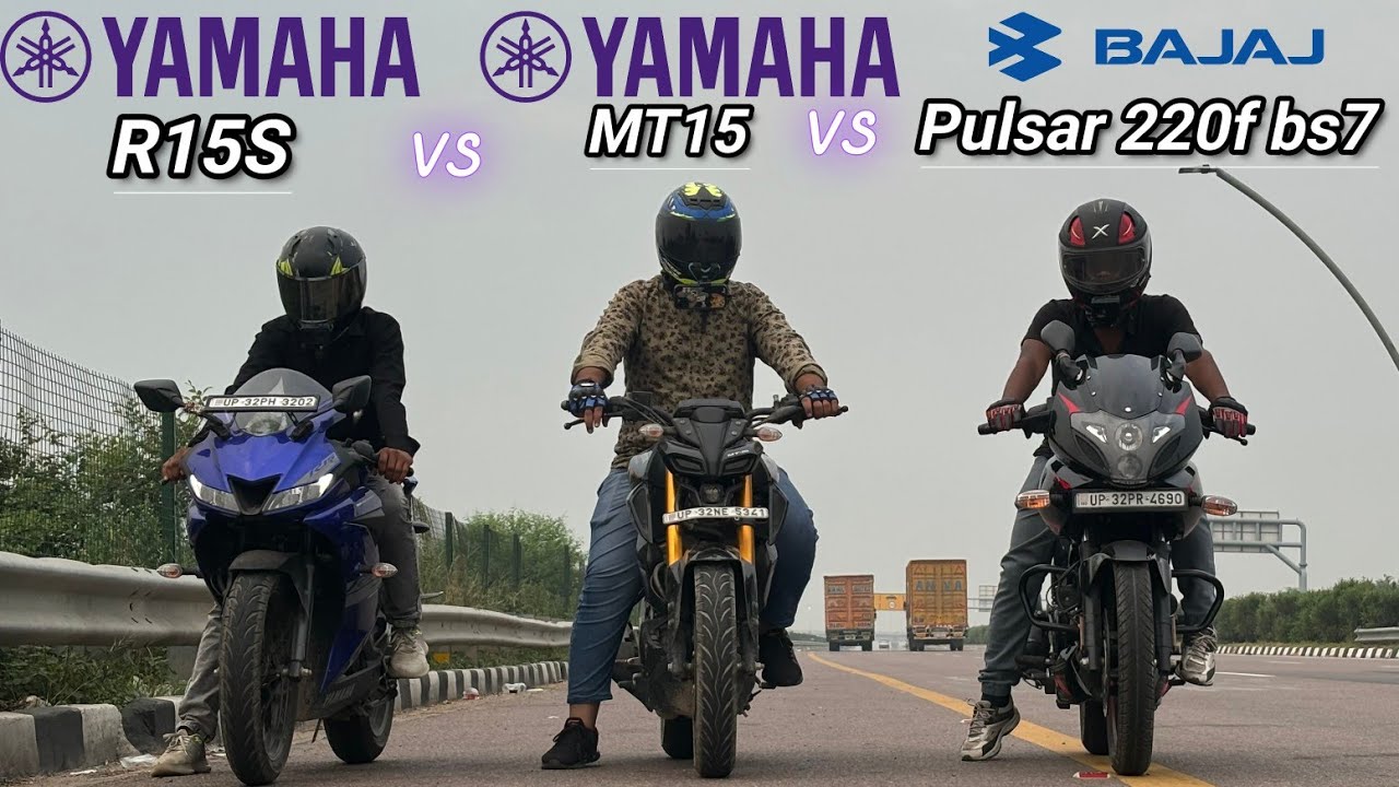 Yamaha vs Bajaj || R15S vs Pulsar 220f bs7 vs MT15 || Drag race comparison startup to top end 🔥🔥🥵 ||