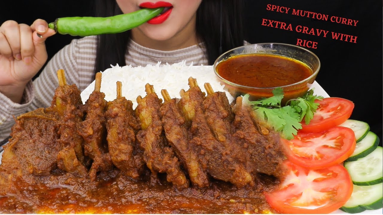 Eating SPICY MUTTON CURRY with RICE|Eating Indian Food (Real Sounds Eating Show)