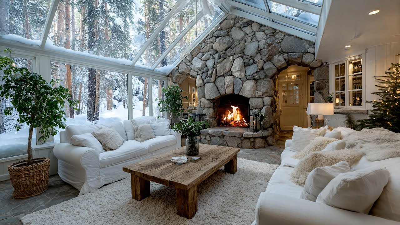 Cozy Fireplace in a Frozen Winter Room | Snowfall Ambience for Sleep & Anxiety Relief