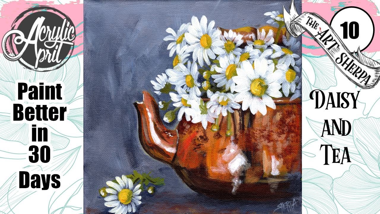 Daisy and Copper Tea Kettle 🌺🌸🌼 Easy Acrylic Tutorial Step by Step Day 10   #AcrylicApril2022