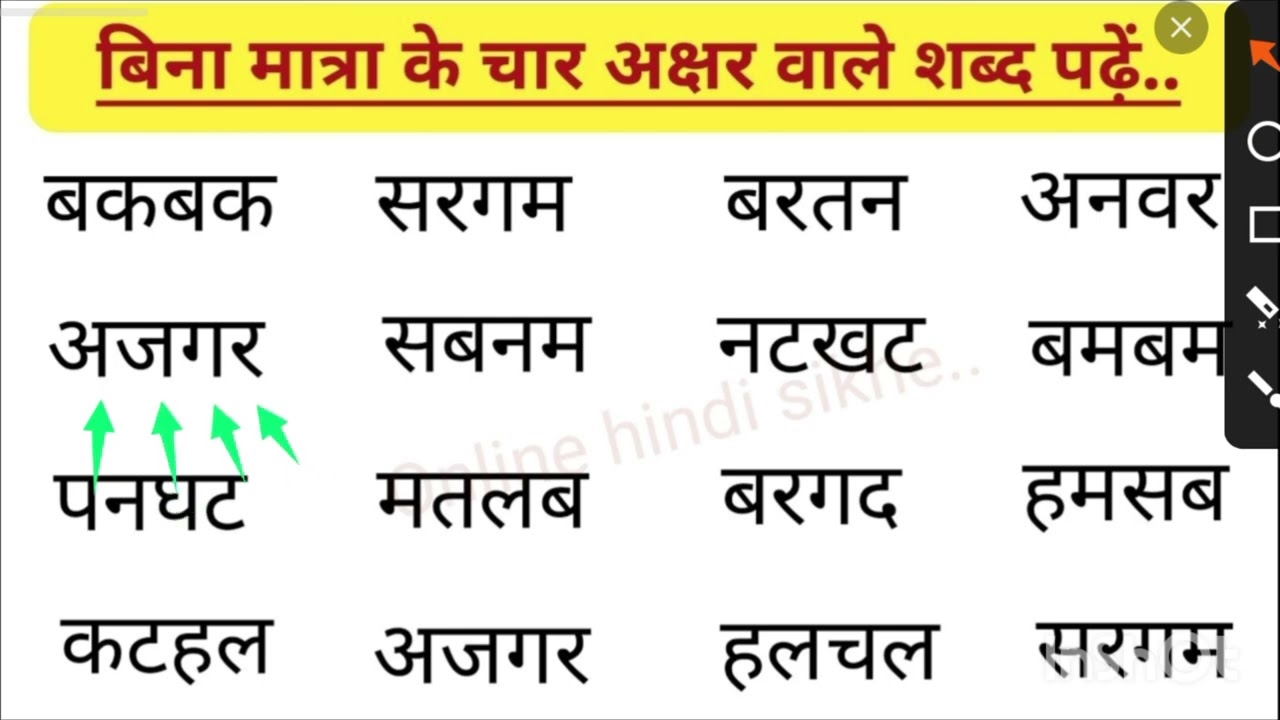 बिना मात्रा के चार अक्षर वाले शब्द को पढ़ना और लिखना सीखे