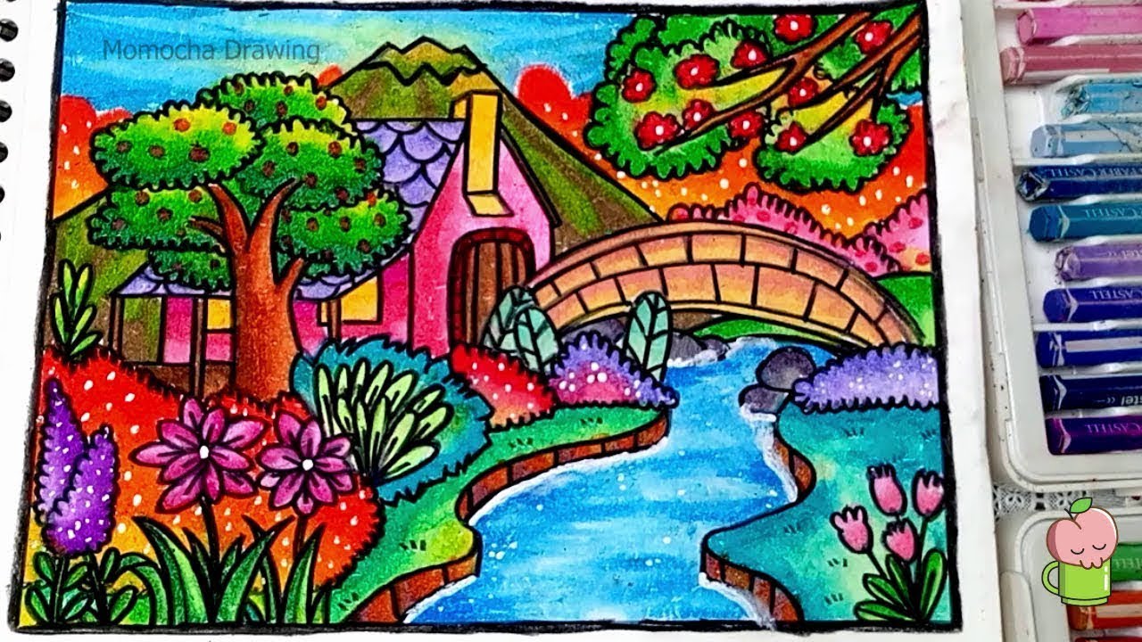 Cara Menggambar dan mewarnai Pemandangan Rumah, Kebun Bunga, dan Sungai Gradasi warna oil pastel