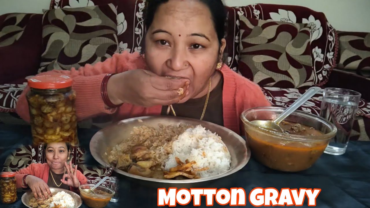 Eating Rice,Motton Gravy And Achar||Family Mukbang 