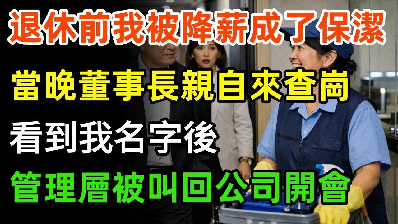 退休前一天我被降薪成了保洁，我笑着换上工服干满八小时，当晚董事长亲自来查岗，看到我名牌上的名字后，管理层全被叫回公司开会! #情感#故事分享