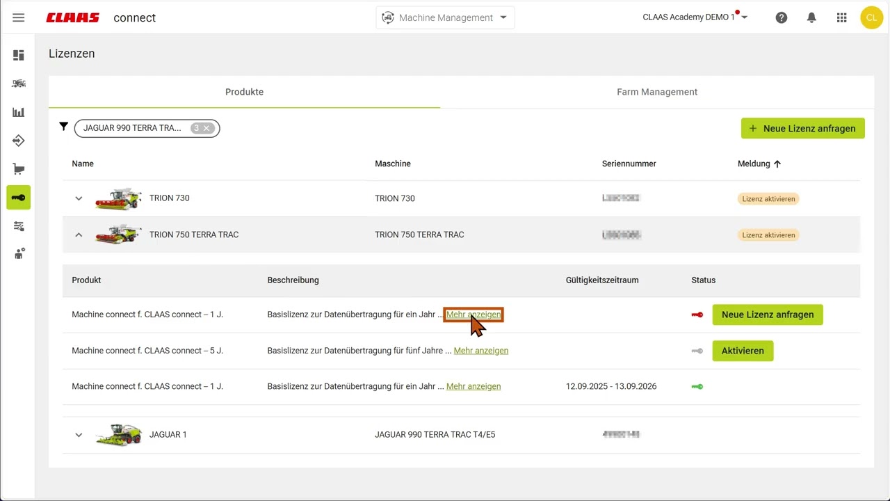 CLAAS connect | Lizenzverwaltung