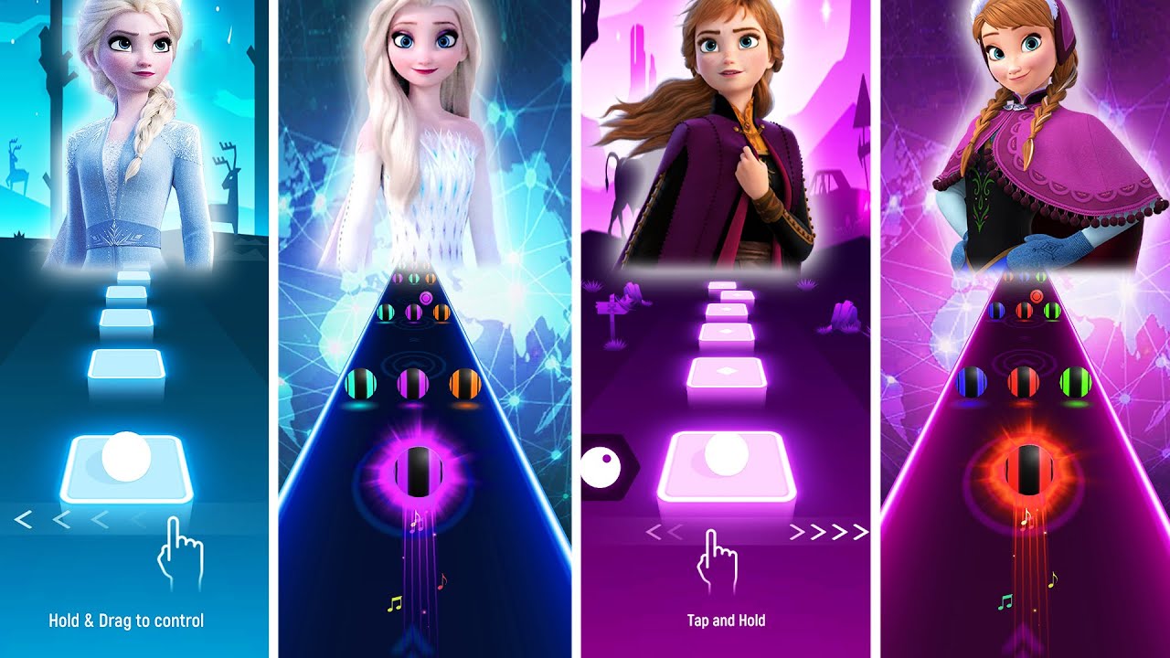 Frozen Elsa Vs Anna - Tiles Hop & Dancing Road! Let It Go | Into The Unknown | Love Is An Open Door