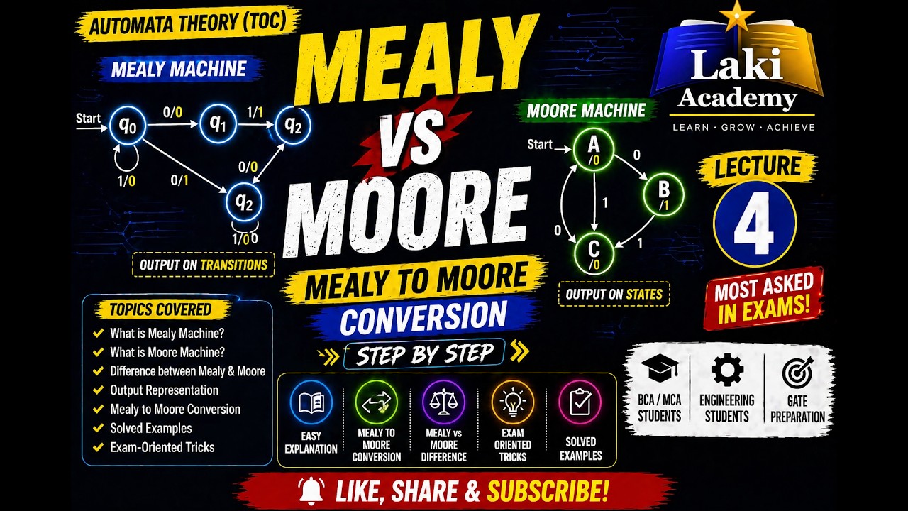 Learn Mealy and Moore Machines | Mealy to Moore Conversion | Difference between Mealy  Moore Machine