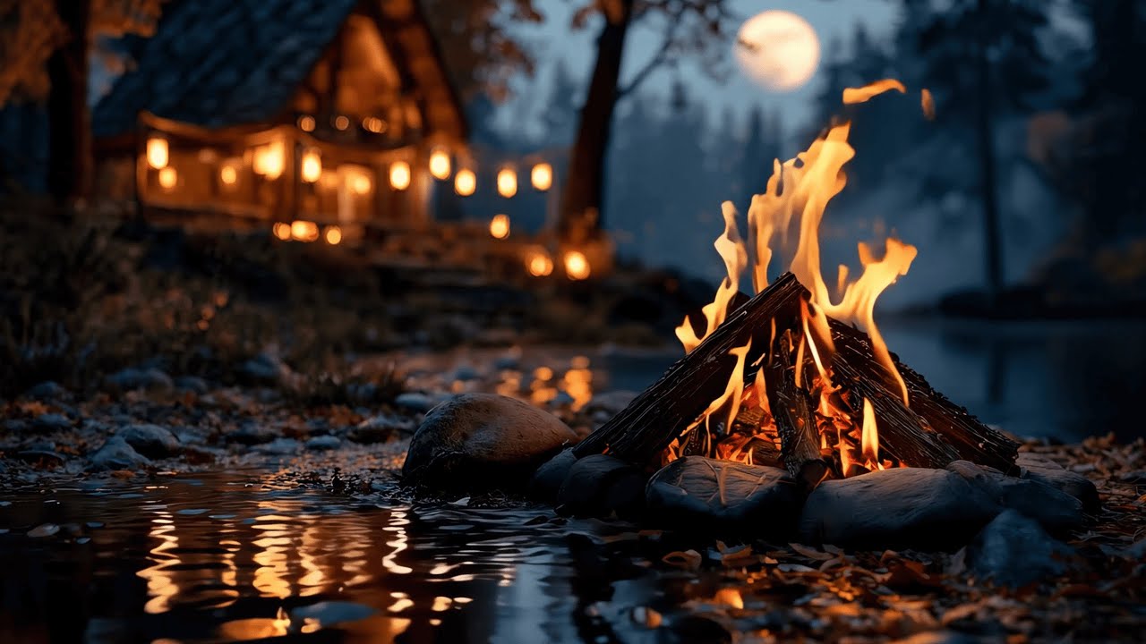 Autumn Night in the Forest 🌲 | Crackling Campfire by the River ASMR for Deep Relaxation 4K