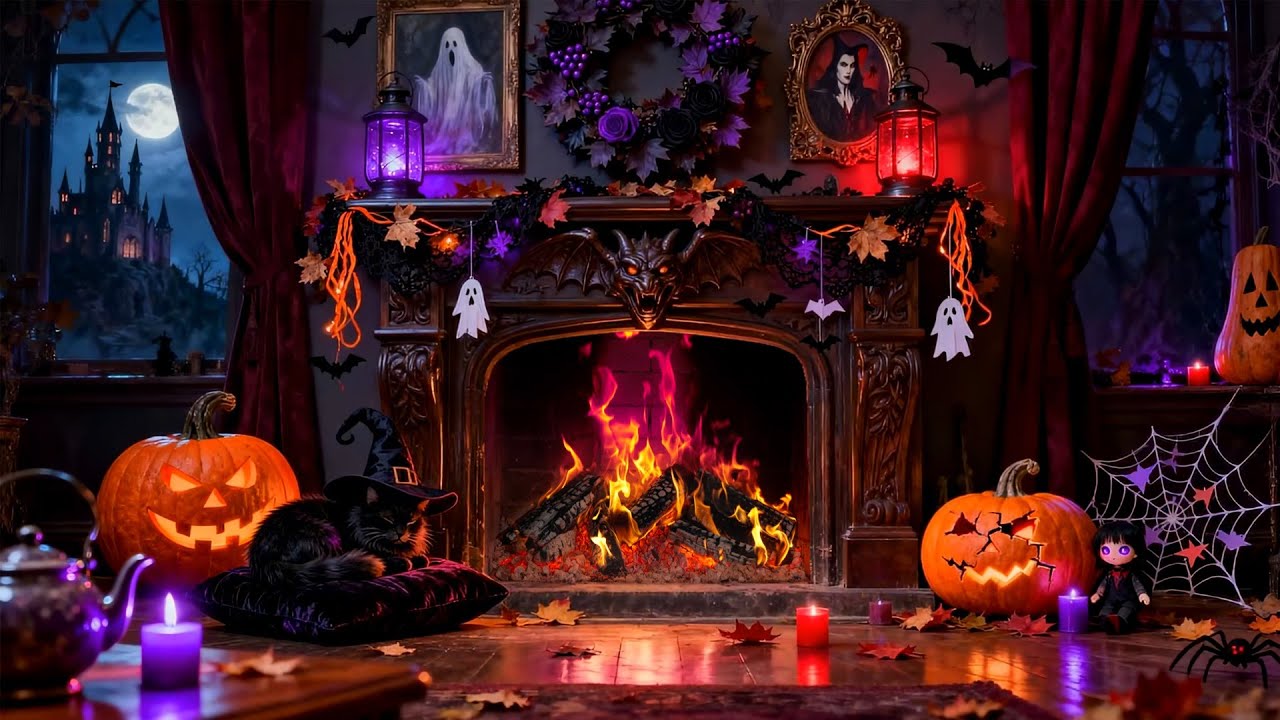 Spooky Halloween Fireplace Night 🔥 Cozy Fire & Gentle Crackles for Relaxation [4K NO MUSIC]
