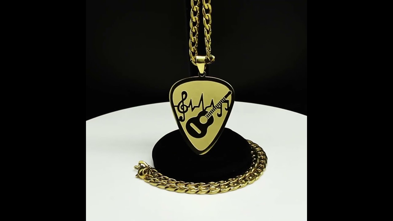 Hip Hop Guitar Pick Bass Note Necklace for Men Stainless Steel Gold Plated Music Lovers