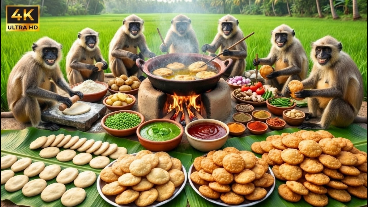 Monkeys Made Hundreds of Kachori Today 🐒 | Aloo Matar Kachori | Village Cooking