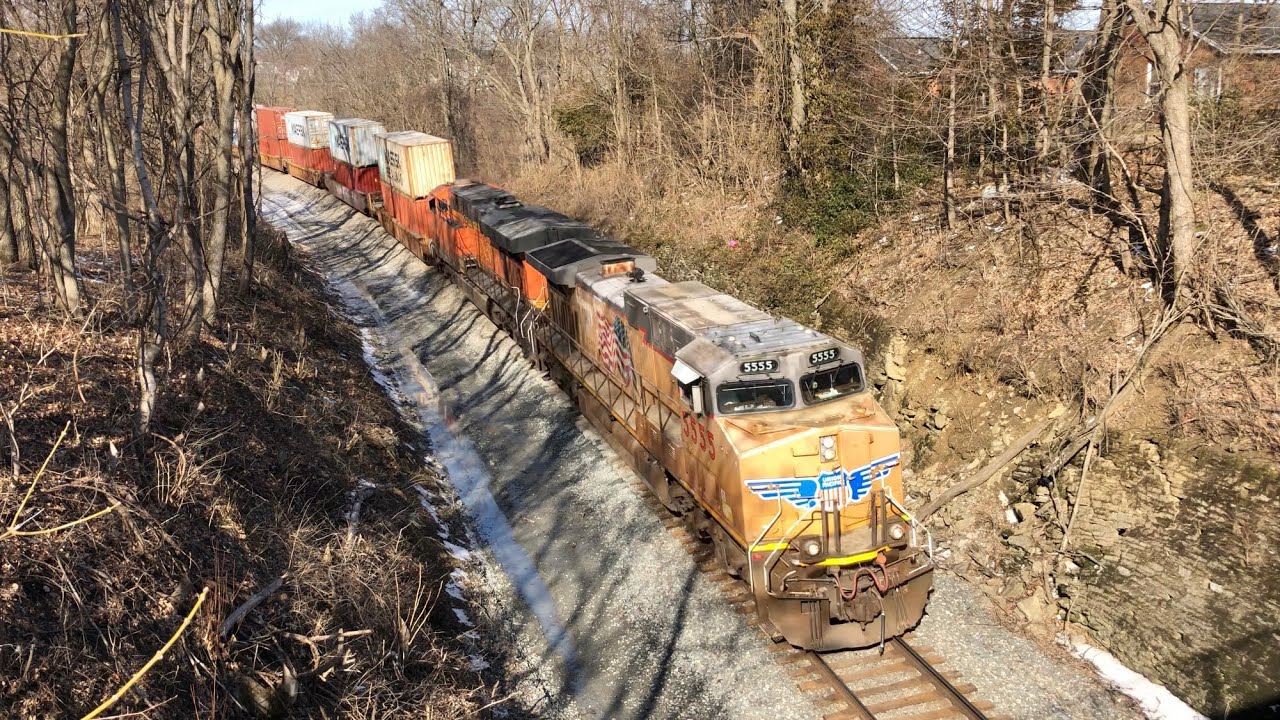 Triple Foreign Power & Pusher Move Train Under Me & Up The Hill.  High & Wide Load Train With Helper
