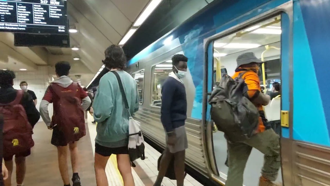 Melbourne Central trains and passengers, train ride to Southern Cross station. Melbourne Australia