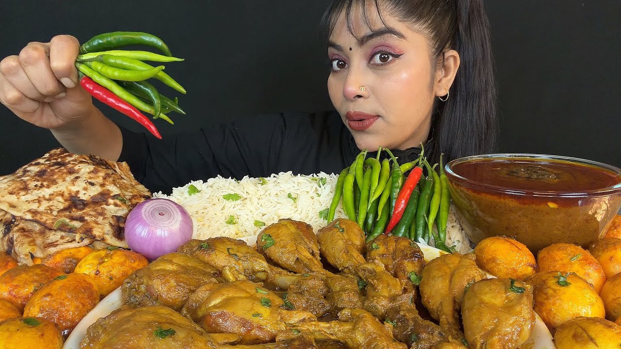 EATING VILLAGE STYLE CHICKEN CURRY WITH BASMATI RICE MASALA EGG CURRY GARLIC NAAN | BIG BITES ASMR