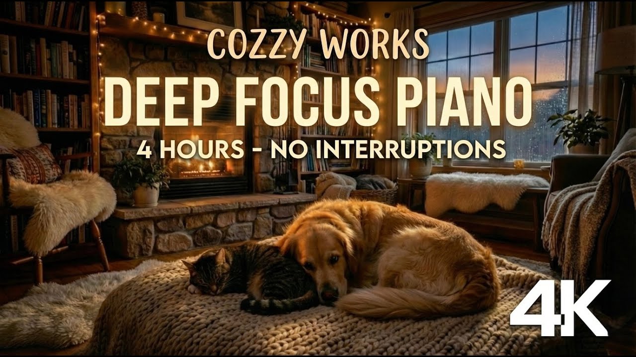 4 Hour Deep Focus Piano: Cozy Rain & Fireplace Ambience 🌧️ | Study & Work Music