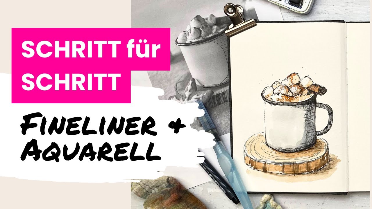 Einfache Wintermotive zeichnen - Kakao und Marshmallows mit Fineliner und Aquarell ✍🏻