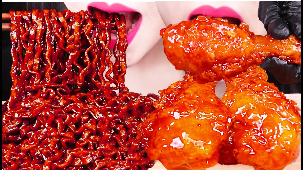 ASMR BLACK BEAN NOODLES, SWEET FRIED CHICKEN 진진짜라 짜장 라면, 양념 치킨 닭다리 먹방 EATING SOUNDS