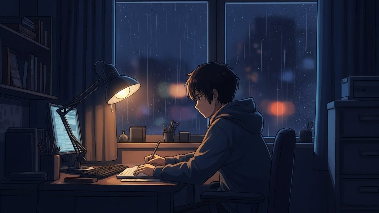 Late Night Focus 🌙 Calm Anime Study Room with Rain | Noctyra Ambient