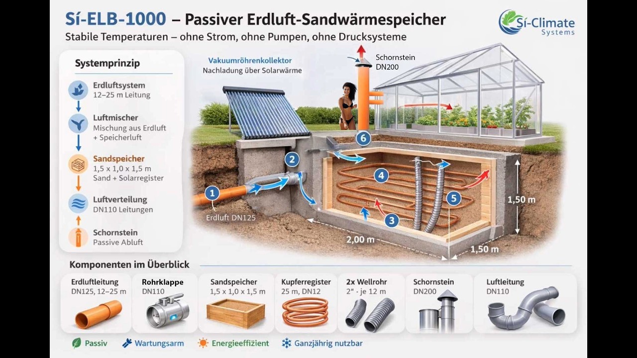 Sí-ELB-1000 – Bauplan für passiven Erdluft-Sandwärmespeicher | Gewächshaus ohne Heizung