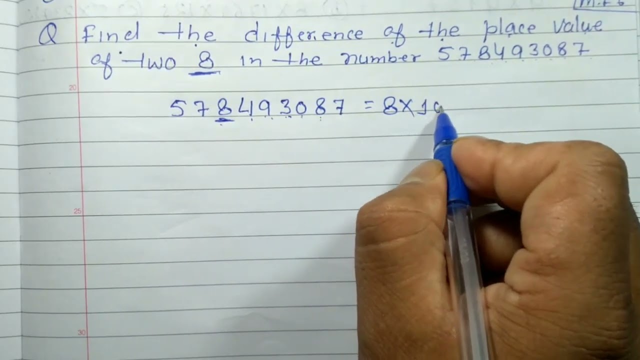 Find the difference of the place value of two 8 in the number 578493087