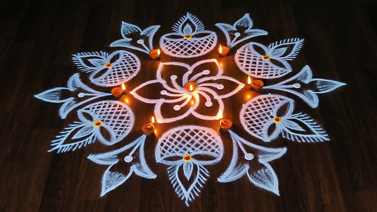 குட்டி தீபம் கோலம்🌺Latest creative easy rangoli kolam🌺7×4 dots Traditional festival muggulu designs🌺