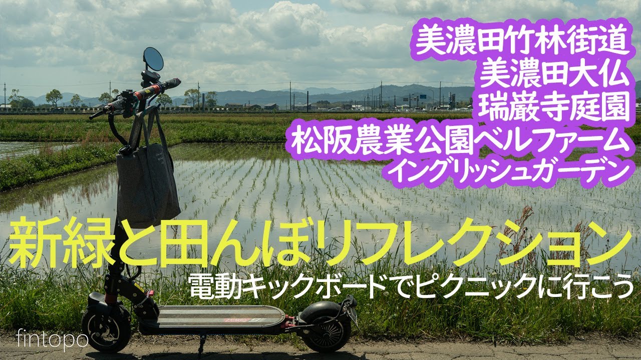 【電動キックボードでピクニックに行こう】新緑と田んぼリフレクション【三重県松阪市 / 美濃田竹林街道 / 美濃田大仏 / 瑞巌寺庭園 / 松阪農業公園ベルファーム・イングリッシュガーデン】