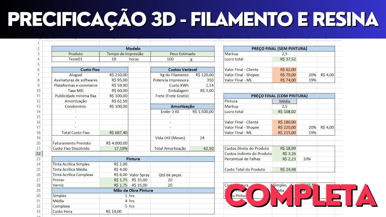 PRECIFIQUE DA MANEIRA CORRETA SUAS IMPRESSÕES 3D (FILAMENTO E RESINA) - PLANILHA ANEXO