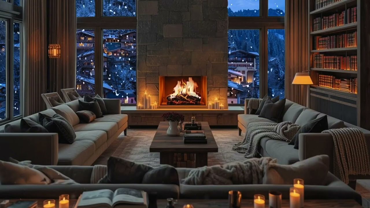 Swiss Mountain Ambience Crackling Fire & Smooth Jazz | Background at Work, Study, Reading, Creating